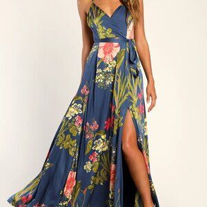 Lulu's Womens Still the One Blue Floral Print Satin Maxi Dress XS - Tags ON!